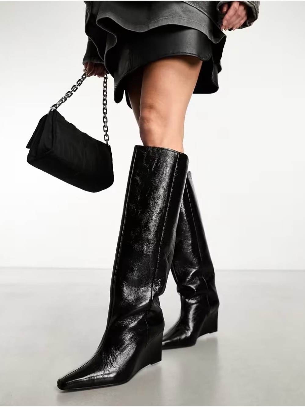 Fall Black Leather Knee-High Wedge Boots - Women